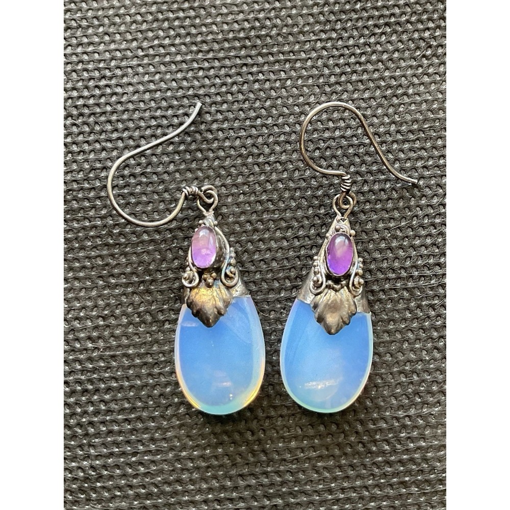 vintage 925 Sterling Silver dangle earrings opalite teardrop stones Amethyst